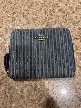 Coach Blue Quilted Denim Zip Wallet with Gold Studs